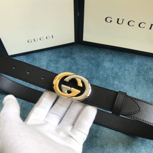 Replica Gucci 574807 30mm Belt with Shiny Gold/Silver Interlocking G buckle in Black Leather