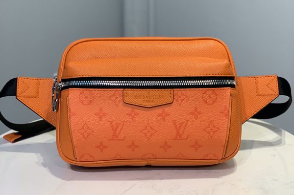 Replica Louis Vuitton M30430 LV Outdoor bumbag Bag in Orange Taiga Leather and Monogram Eclipse Canvas