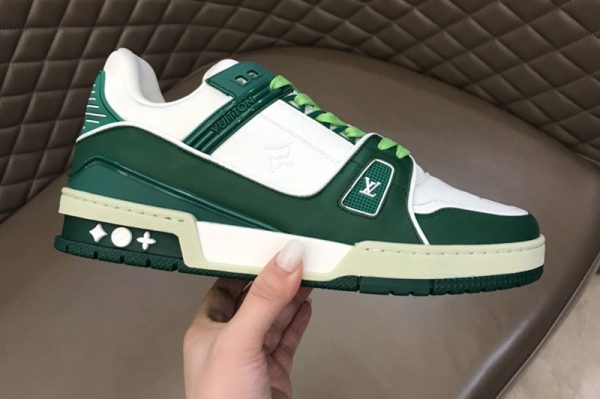 Replica Louis Vuitton 1A812G LV Trainer sneaker in Green/White calf leather