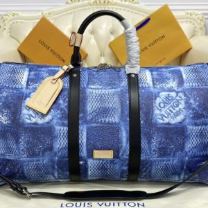 Replica Louis Vuitton N50059 LV Keepall Bandoulière 50 Bag in Ocean Blue Damier Salt canvas