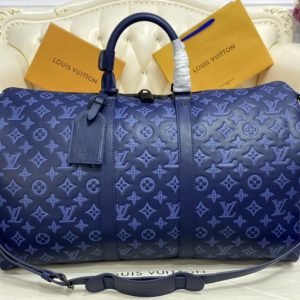 Replica Louis Vuitton M45731 LV Keepall Bandoulière 50 weekend bag in Navy Blue Monogram Shadow cowhide leather