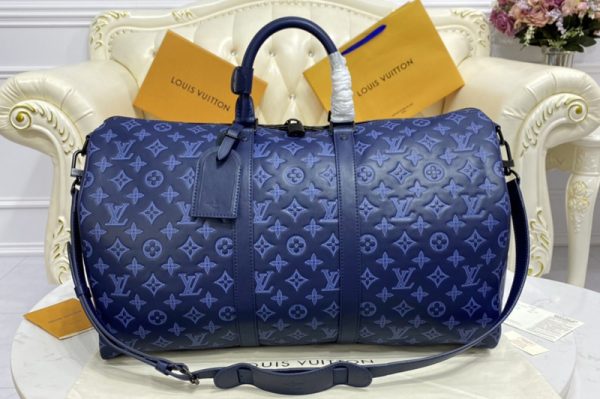 Replica Louis Vuitton M45731 LV Keepall Bandoulière 50 weekend bag in Navy Blue Monogram Shadow cowhide leather