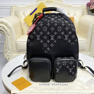 Replica Louis Vuitton M45973 LV backpack multipocket in Black Monogram denim and Taurillon leather