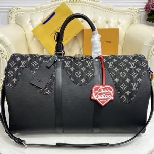 Replica Louis Vuitton M45975 LV Keepall Bandouliere 50 Travel Bag in Black Monogram denim and Taurillon leather