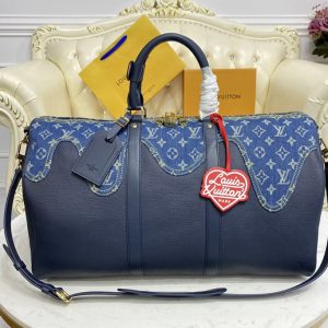 Replica Louis Vuitton M45975 LV Keepall Bandouliere 50 Travel Bag in Blue Monogram denim and Navy Blue Taurillon leather