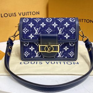 Replica Louis Vuitton M59716 LV Mini Dauphine handbag in Navy Blue Denim jacquard textile