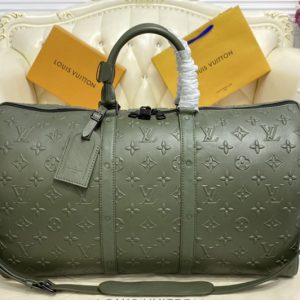 Replica Louis Vuitton M57963 LV Keepall Bandoulière 50 Travel Bag in Khaki Monogram Seal cowhide leather