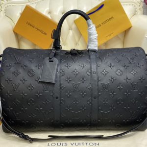 Replica Louis Vuitton M57964 LV Keepall Bandoulière 50 Travel Bag in Black Monogram Seal cowhide leather