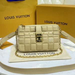 Replica Louis Vuitton M59048 LV Pochette Troca Bag in Beige Damier Quilt lamb leather