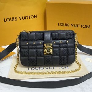 Replica Louis Vuitton M59046 LV Pochette Troca Bag in Black Damier Quilt lamb leather