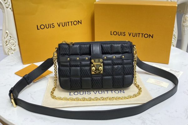 Replica Louis Vuitton M59046 LV Pochette Troca Bag in Black Damier Quilt lamb leather