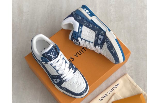 Replica Louis Vuitton 1A9JGR LV Trainer sneaker on Blue Monogram denim and Monogram-embossed grained calf leather