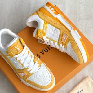 Replica Louis Vuitton 1A9JHB LV Trainer sneaker on Yellow Monogram denim and Monogram-embossed grained calf leather