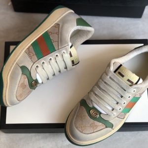 Replica Men's and Women's Gucci 570443 Screener leather sneaker on Butter leather with beige/ebony Original GG canvas