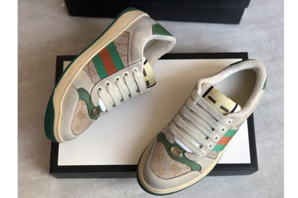 Replica Men's and Women's Gucci 570443 Screener leather sneaker on Butter leather with beige/ebony Original GG canvas