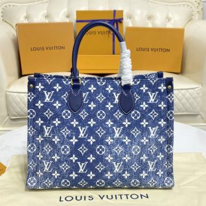 Replica Louis Vuitton M59608 LV Onthego MM tote Bag on Navy Blue Monogram denim jacquard