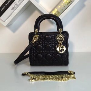 Replica Mini Lady Dior bags With Chain in Black Pearly Cannage lambskin Leather