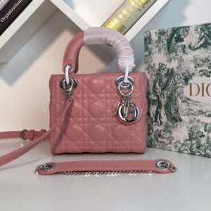 Replica Mini Lady Dior bags With Silver Chain in Pink Pearly Cannage lambskin Leather