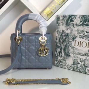 Replica Mini Lady Dior bags With Chain in Blue Pearly Cannage lambskin Leather