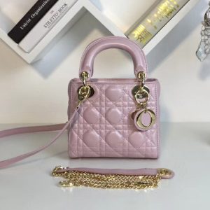 Replica Mini Lady Dior bags With Chain in Light Pink Pearly Cannage lambskin Leather