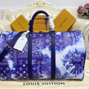 Replica Louis Vuitton M20558 LV Keepall Bandoulière 50 soft travel bag in Blue cowhide leather