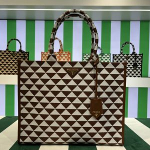 Replica Prada 1BA356 Large Prada Symbole jacquard fabric handbag in Brown/White