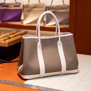 Replica Hermes Garden Party 30 bag in Grey/White Canvas and Leather