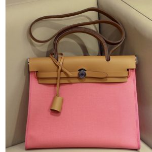 Replica Hermes herbag zip 31 bag in Brown/Light Pink Officier canvas and Leather