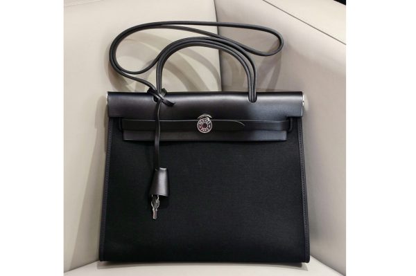 Replica Hermes herbag zip 31 bag in Black/Black Officier canvas and Leather