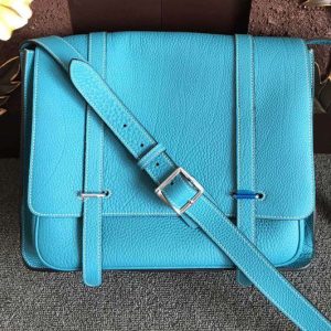 Replica Mens Hermes Steve 32cm Messenger Bags Oiriginal Light Blue Togo Leather