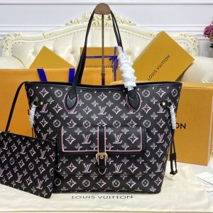 Replica Louis Vuitton M46137 LV Neverfull MM tote bag in Black Monogram coated canvas