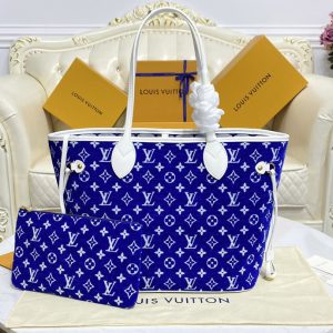 Replica Louis Vuitton M46220 LV Neverfull MM tote Bag in Blue Monogram velvet jacquard