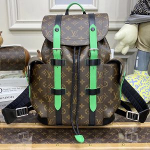 Replica Louis Vuitton M46247 LV Christopher PM Backpack in Monogram Macassar coated canvas and Green cowhide leather