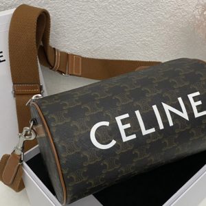 Replica Celine 110052 CYLINDER BAG IN TRIOMPHE CANVAS XL WITH CELINE PRINT With Tan Calfskin Leather