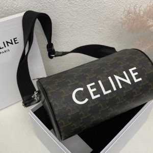 Replica Celine 110052 CYLINDER BAG IN TRIOMPHE CANVAS XL WITH CELINE PRINT With Black Calfskin Leather