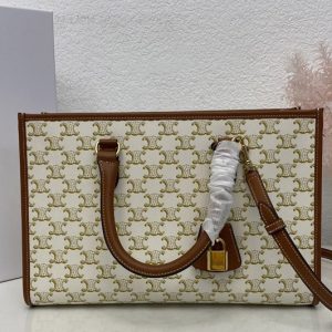 Replica Celine 199742 MINI HORIZONTAL CABAS Bag IN White TRIOMPHE CANVAS AND Tan CALFSKIN