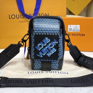 Replica Louis Vuitton M81005 LV Flap Double Phone Pouch in Black Damier Spray cowhide leather