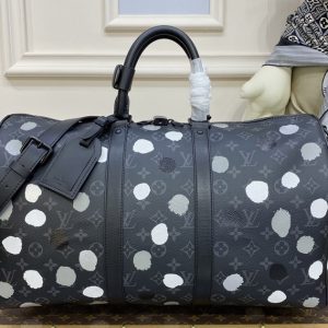 Replica Louis Vuitton M46400 LV LVxYK Keepall 45 Bag in Black and silver Monogram Eclipse coated canvas with 3D Painted Dots print