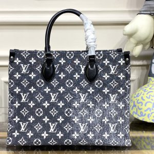 Replica Louis Vuitton M46448 LV OnTheGo MM tote Bag in Gray Denim textile jacquard