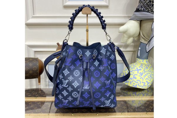 Replica Louis Vuitton M55801 LV Muria bucket bag in Blue Mahina perforated calf leather