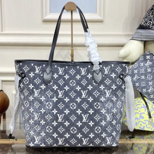 Replica Louis Vuitton M21465 LV Neverfull MM tote Bag in Gray Denim textile jacquard