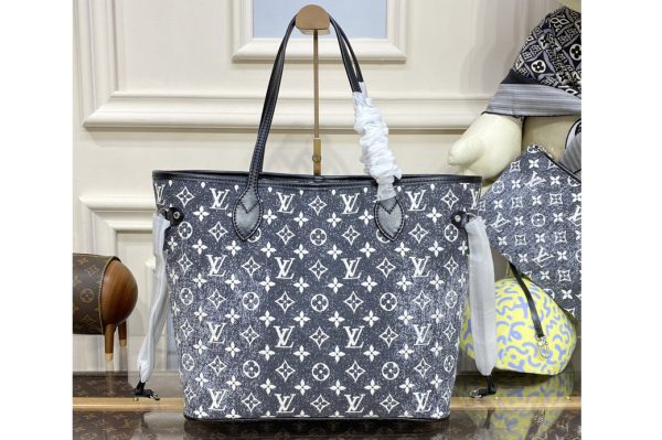 Replica Louis Vuitton M21465 LV Neverfull MM tote Bag in Gray Denim textile jacquard