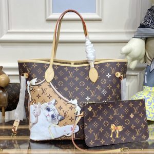 Replica Louis Vuitton M40995 LV Neverfull MM tote Bag in Monogram coated canvas With Cat