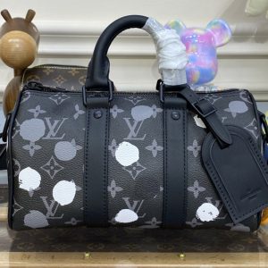 Replica Louis Vuitton M45406 LV LVxYK Keepall 25 Bag in Black and silver Monogram Eclipse coated canvas with 3D Painted Dots print