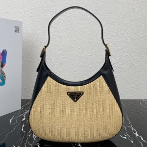 Replica Prada 1BC179 Fabric and leather shoulder bag in Tan/Black Straw/wicker