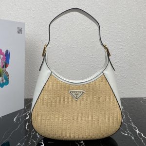 Replica Prada 1BC179 Fabric and leather shoulder bag in Tan/White Straw/wicker